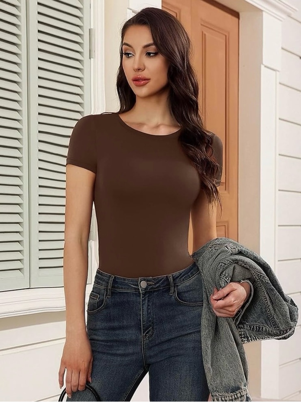 Women Brown Top Crewneck Short Sleeve Top Spandex and Polyester size small - Picture 3 of 4